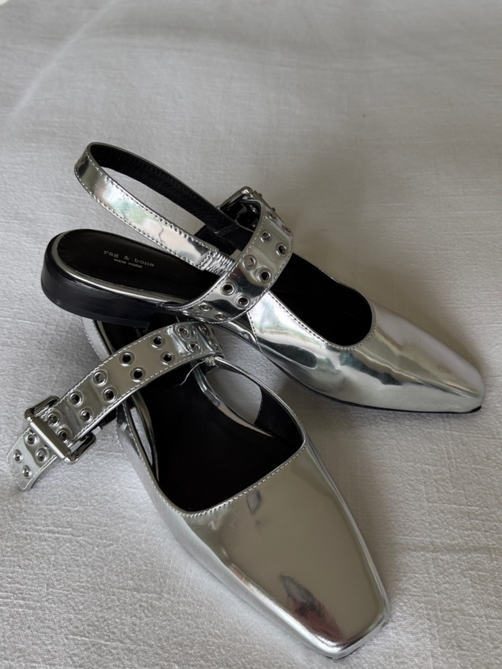 Rag & Bone Metallic Silver Square-Toe Slingback Mules with Grommet Strap - Picture 2 of 6